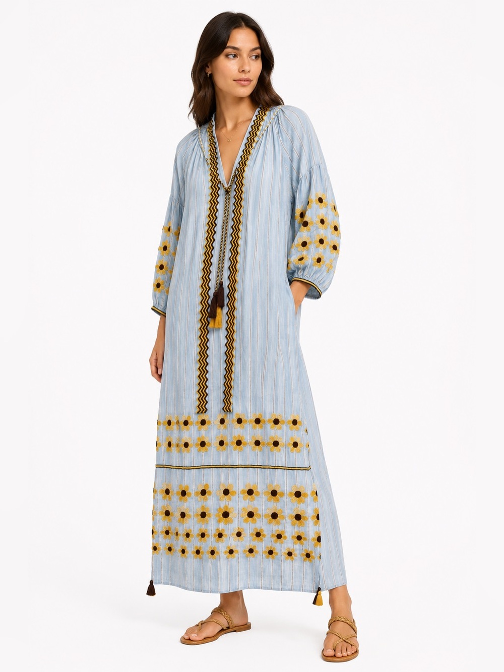Benaras by Citrus Embroidered Cotton Linen Boho Maxi Kaftan Dress Small